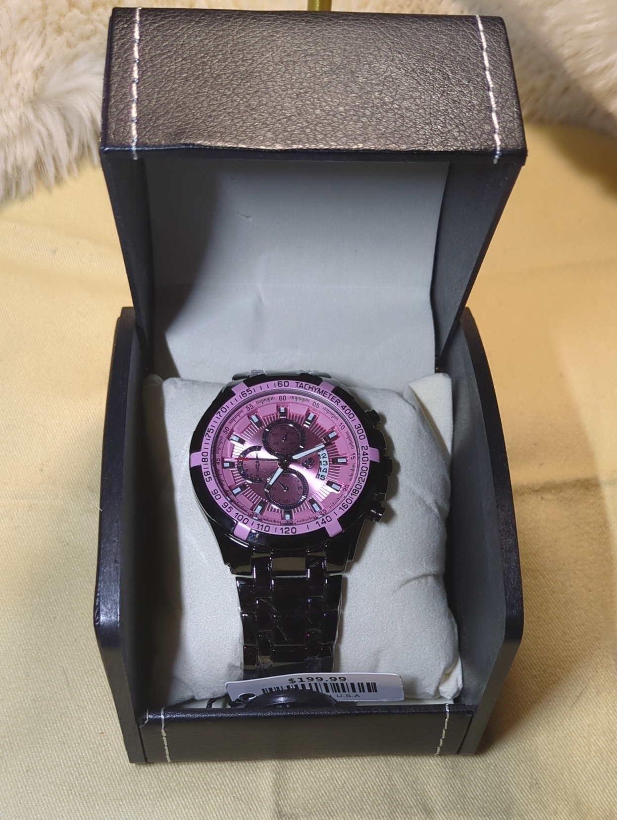 Pink Dial Stainless Steel Chronograph Watch